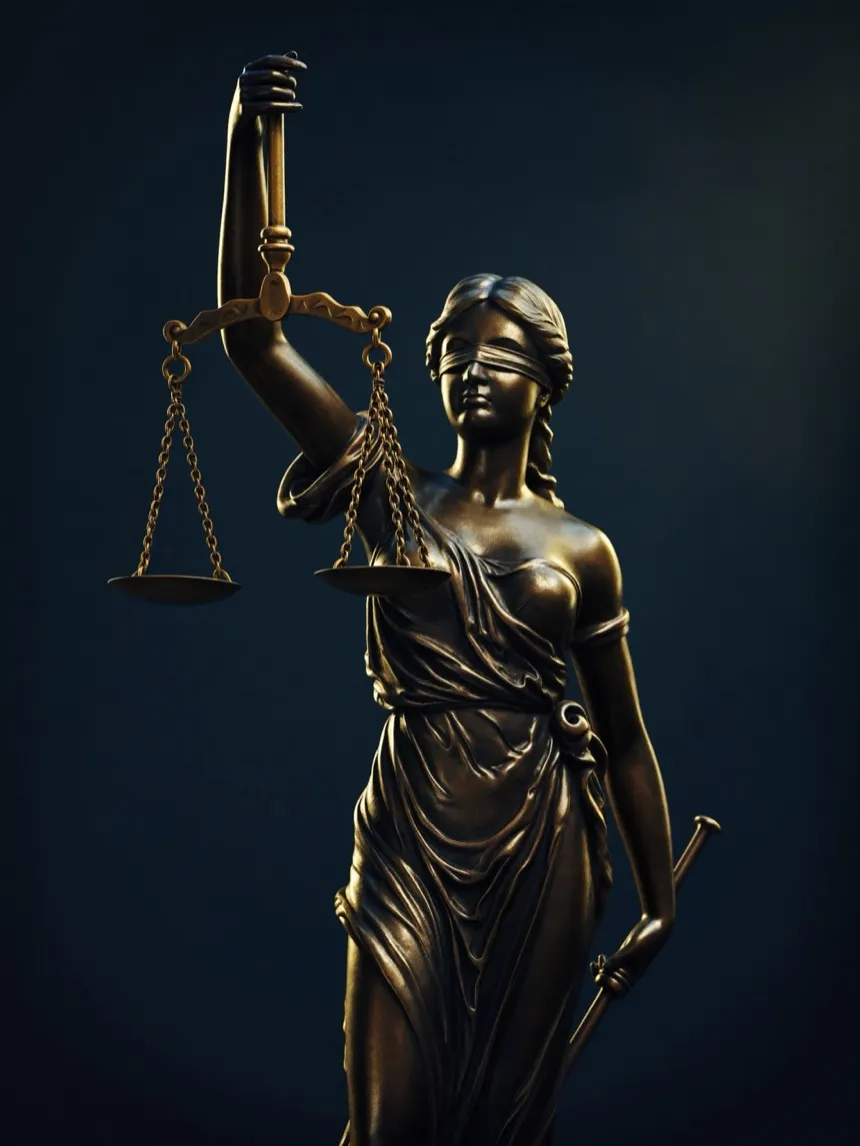 Estátua de bronze de Themis, deusa da justiça, segurando a balança